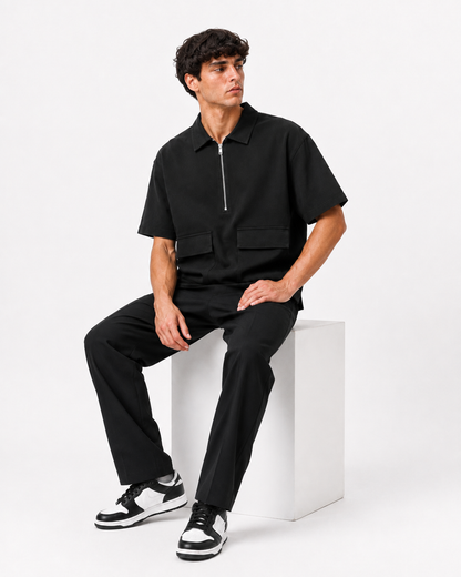 Studio Utility Zip Polo — Black