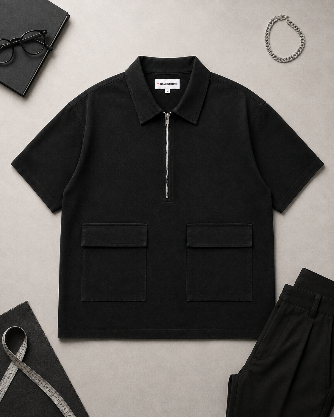 Studio Utility Zip Polo — Black