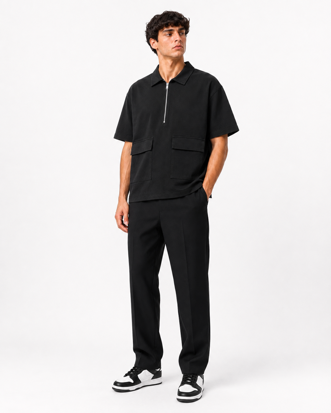 Studio Utility Zip Polo — Black