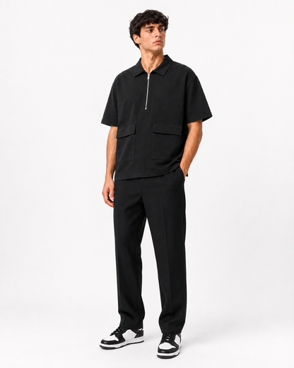 Studio Utility Zip Polo — Black