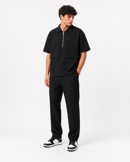 Studio Utility Zip Polo — Black