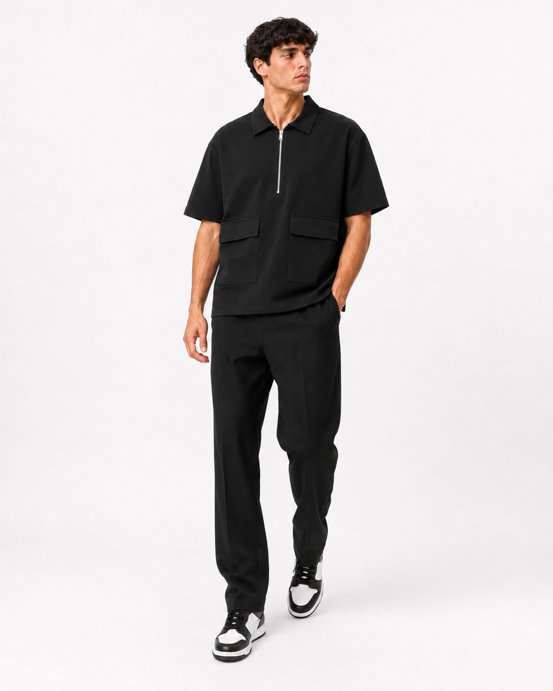 Studio Utility Zip Polo — Black
