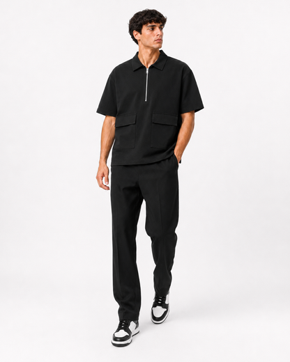Studio Utility Zip Polo — Black