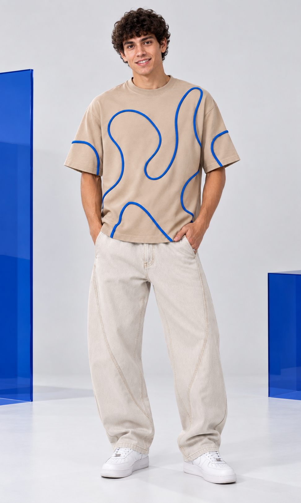 Line Theory Tee — Sand / Royal Blue