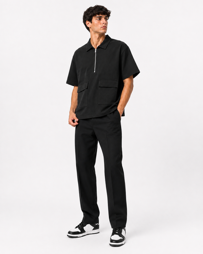 Studio Utility Zip Polo — Black