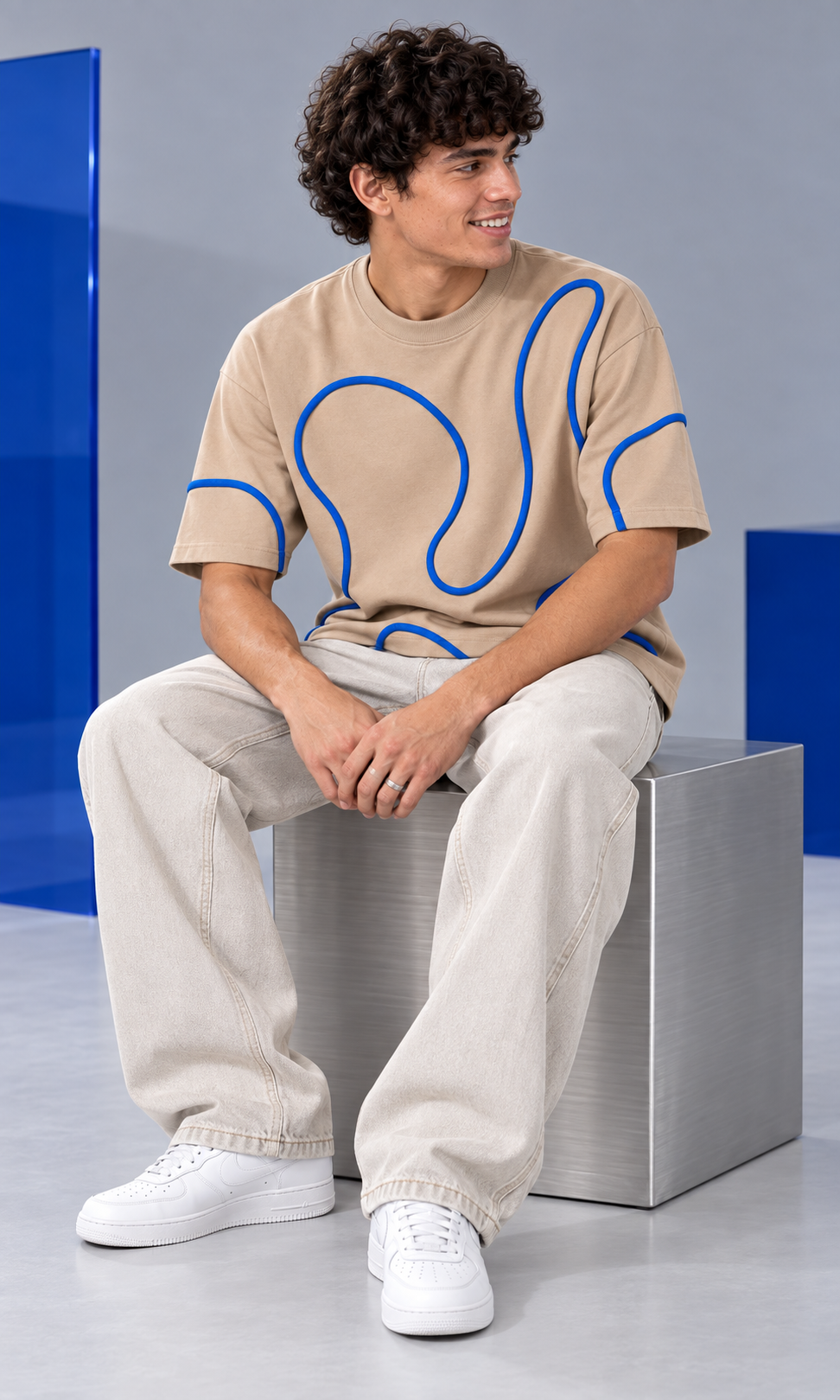 Line Theory Tee — Sand / Royal Blue