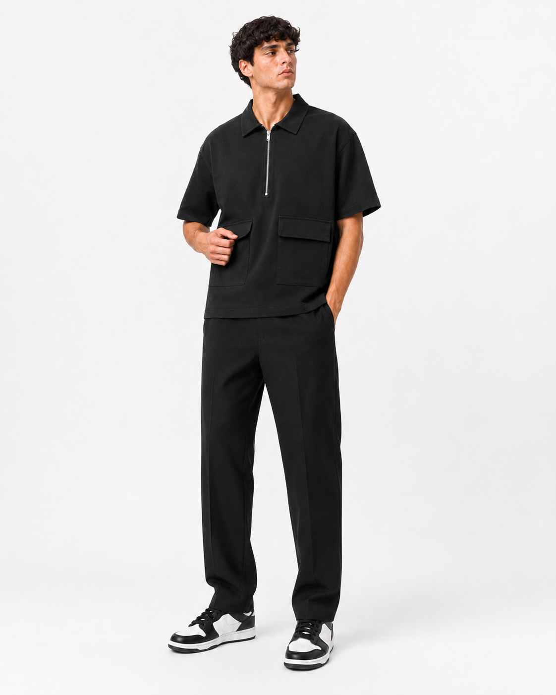 Studio Utility Zip Polo — Black