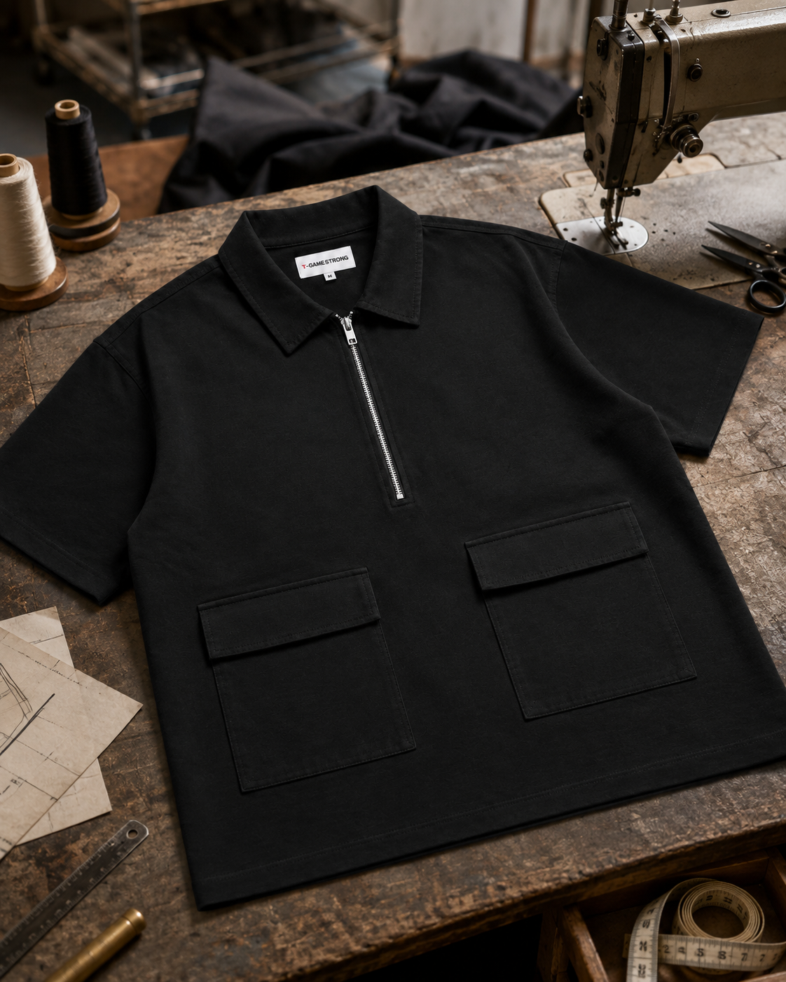 Studio Utility Zip Polo — Black