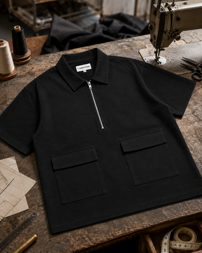 Studio Utility Zip Polo — Black