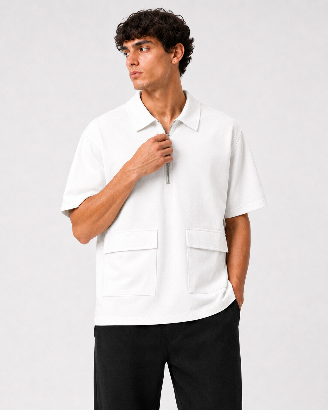 Studio Utility Zip Polo — White