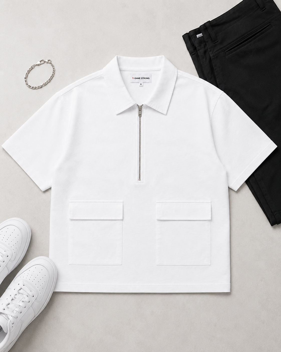 Studio Utility Zip Polo — White