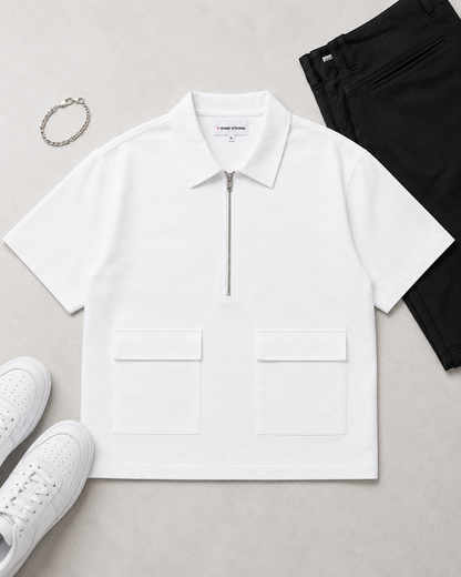 Studio Utility Zip Polo — White