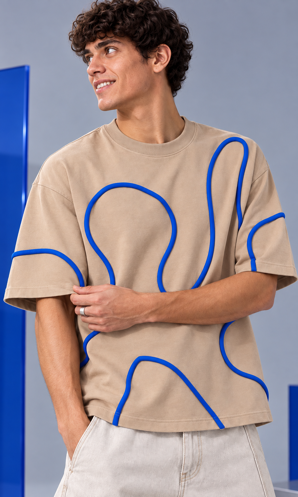 Line Theory Tee — Sand / Royal Blue