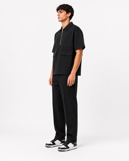 Studio Utility Zip Polo — Black