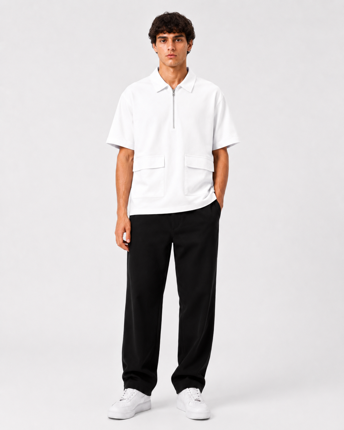 Studio Utility Zip Polo — White
