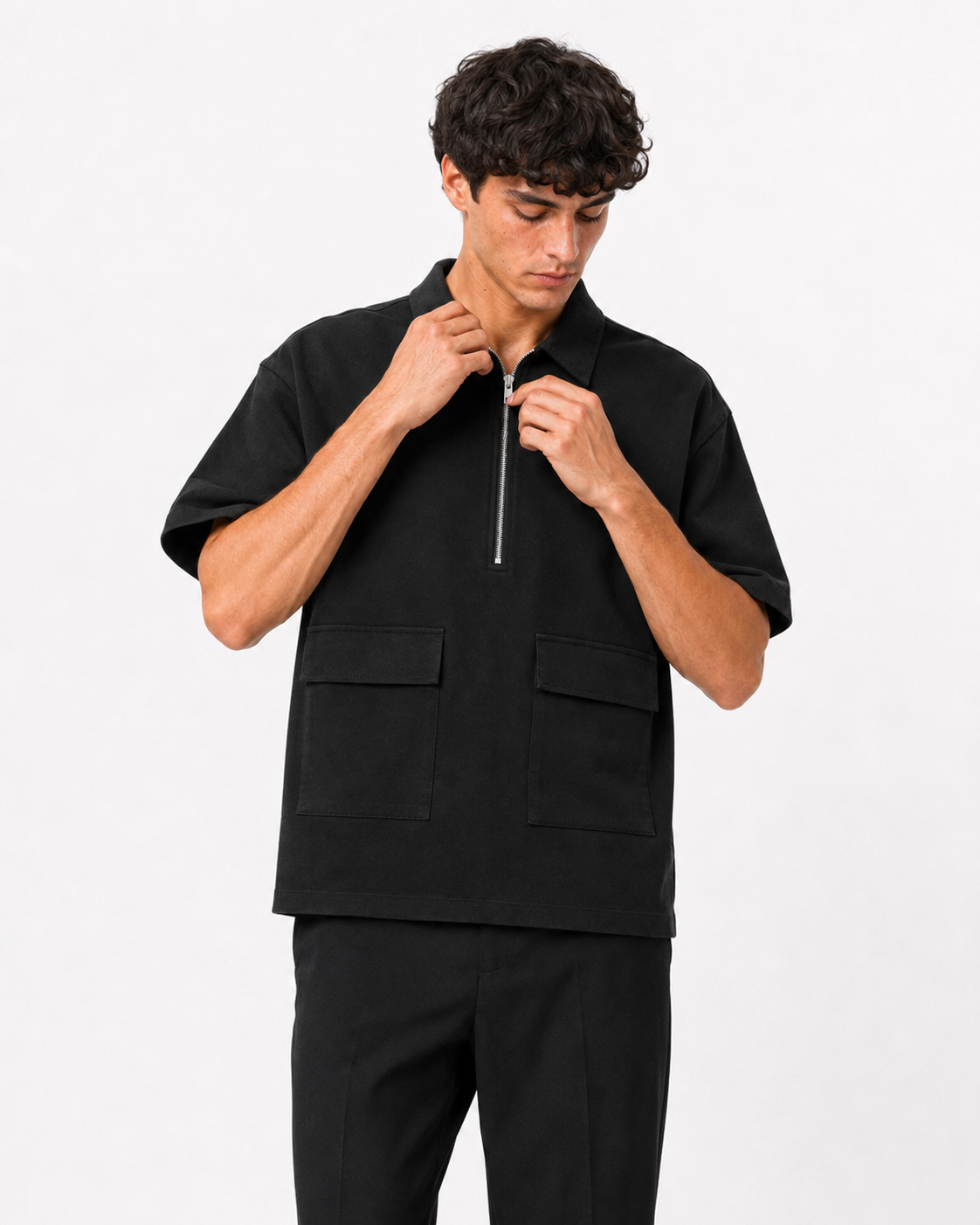 Studio Utility Zip Polo — Black