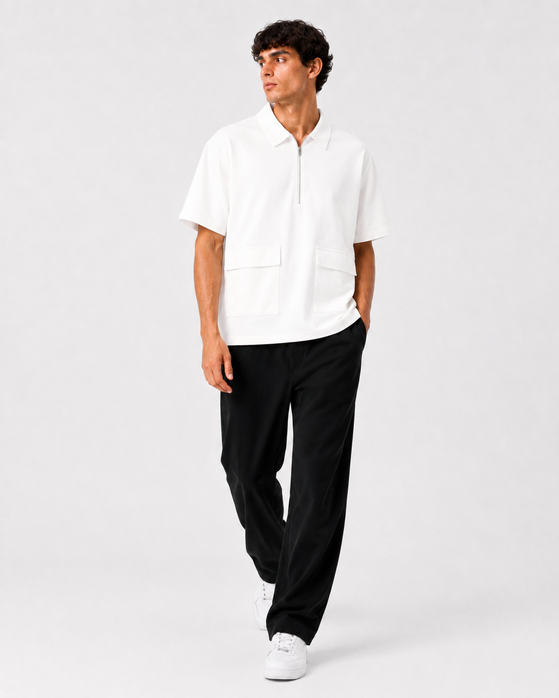 Studio Utility Zip Polo — White