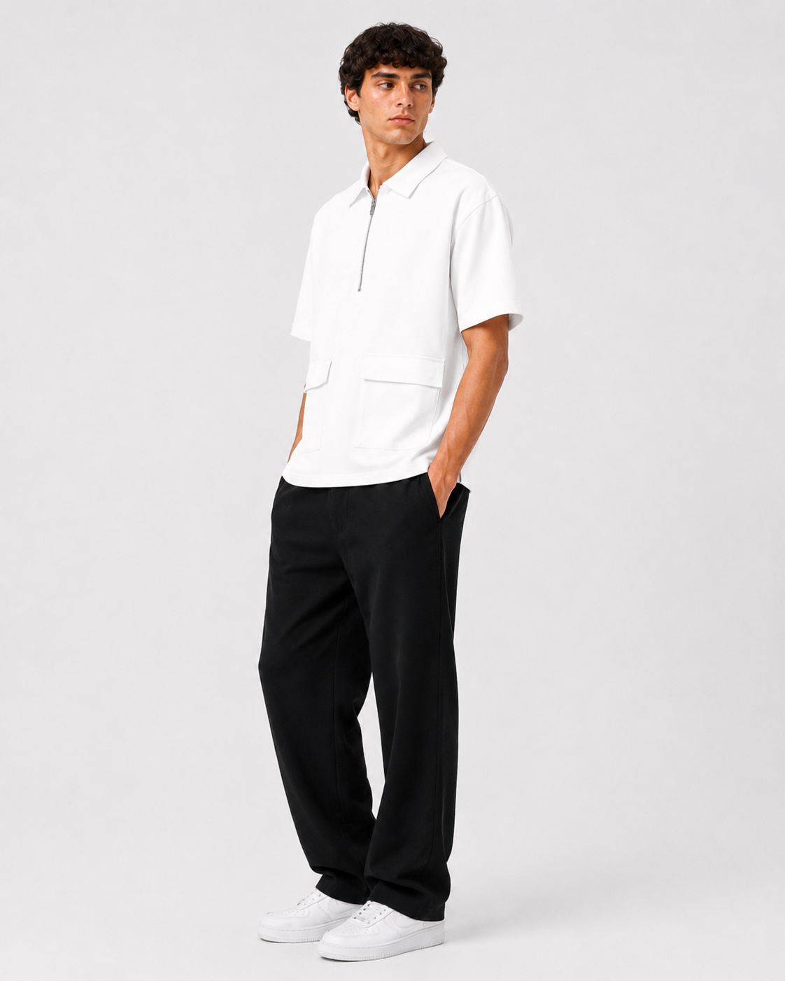 Studio Utility Zip Polo — White